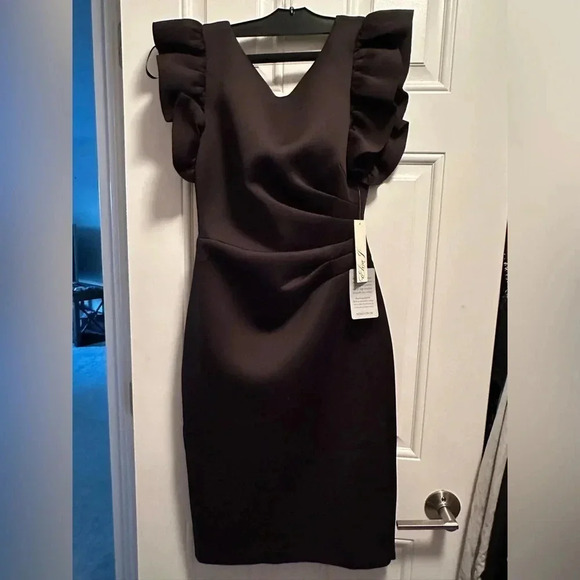 Eliza J Ruffle Sleeve Scuba Crepe Cocktail sheath dress black 6 - Picture 7 of 9